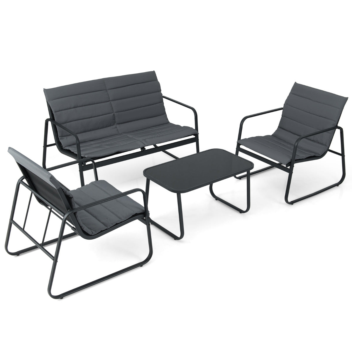 4 Pieces Patio Conversation Set with Cushions and Tempered Glass Coffee Table-