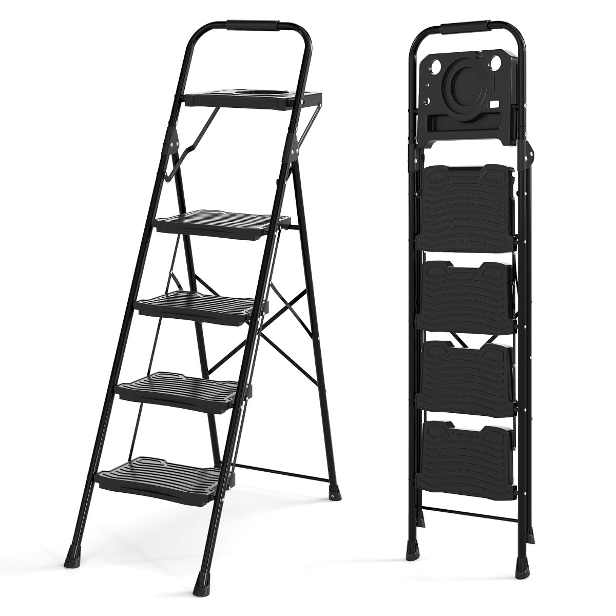 Heavy-Duty Metal 4 Step Ladder with Anti-Slip Wide Pedals-Black