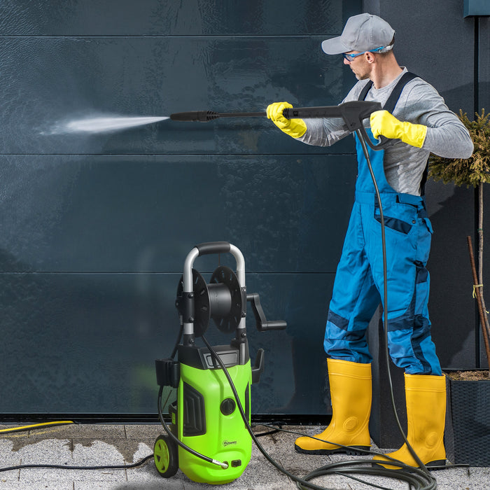Outsunny 1800W High Pressure Washer, 150 Bar Pressure, 420 L/h Flow, Portable Power Washer Jet Wash Cleaner with Adjustable Nozzle, 6M Hose, Hose Reel, Steel Handle for Home Patio Car Driveway, Green
