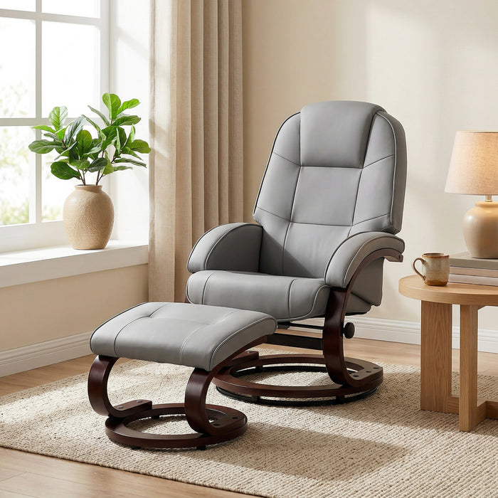 HOMCOM Swivel Recliner Chair with Footstool, PU Leather Recliner Armchair with Adjustable Back and Wood Frame, Grey
