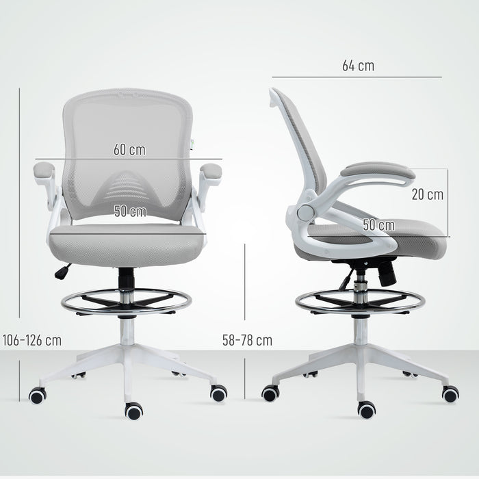 Vinsetto Drafting Chair with Flip-up Armrest, Mesh Office Stool with Foot Ring, 360° Swivel Height Adjustable Chair for Standing Desk, Light Grey
