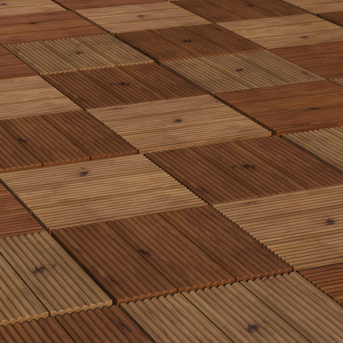 Wooden Interlocking Decking Tiles 27 Pcs - 30x30 cm Anti-slip Outdoor Flooring, 0.81㎡ Coverage - Ideal for Patio, Balcony, Terrace, and Hot Tub Areas in All Weather Conditions