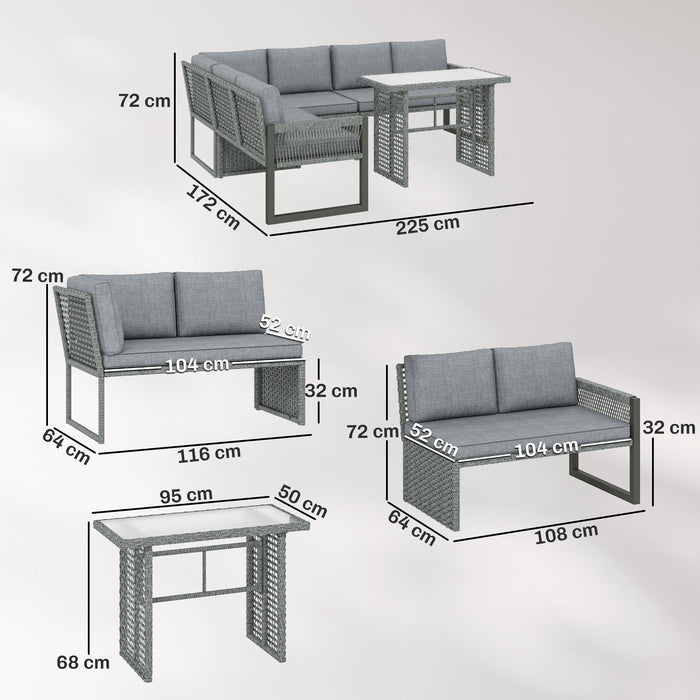 Outsunny 6 Seater Rattan Garden Furniture Set with 3 Loveseats, Table, Patio Rattan Corner Sofa Set, Grey