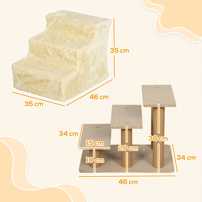 PawHut Three-Step Dog Stairs, with Washable Plush Cover, for High Bed Sofa, Dog Stairs for Small Dog and Cat - Beige | Aosom UK