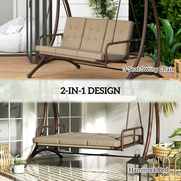 Outsunny 3 Seater Garden Swing Seat Bed, Convertible Swing Chair Bench with UPF30+ Adjustable Canopy, Cushioned Seat and Weather Resistant Steel Frame, Khaki