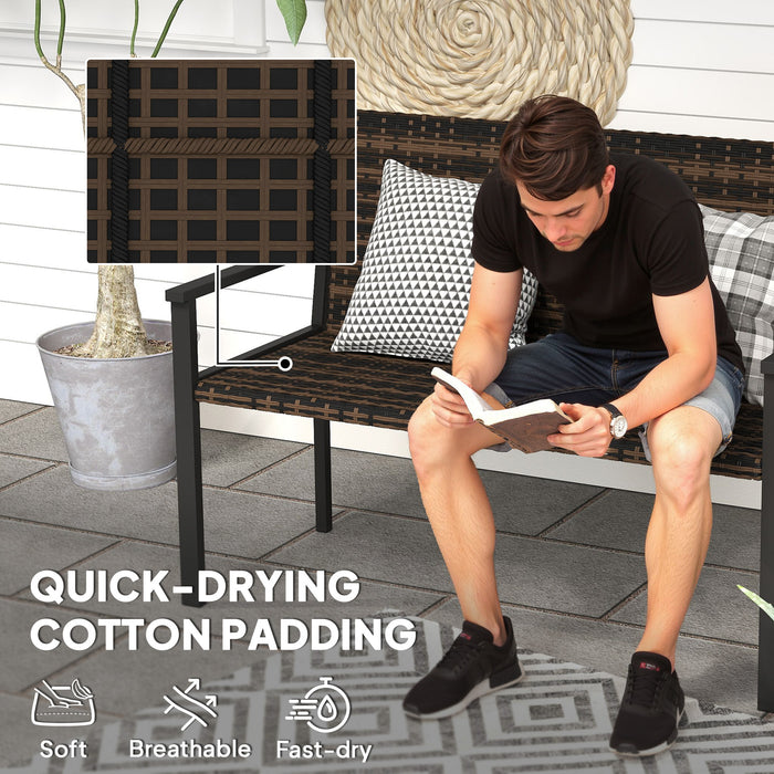 Outsunny 2 Seater Rattan Garden Bench, Outdoor Bench with Quick-Drying Cotton Padding, Wicker Garden Loveseat with Armrests, Steel Frame for Patio, Park, Mixed Brown