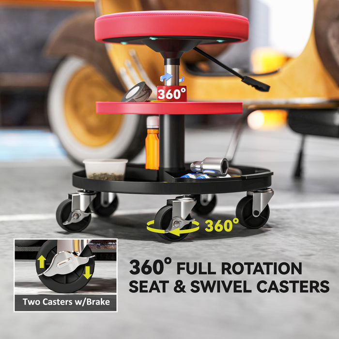 HOMCOM Rolling Mechanic Stool, 135kg Capacity Workshop Stool, 360° Swivel Roller Padded Creeper Seat with Wheels, Tool Trays Storage for Garage, Shop, Auto Repair, Red