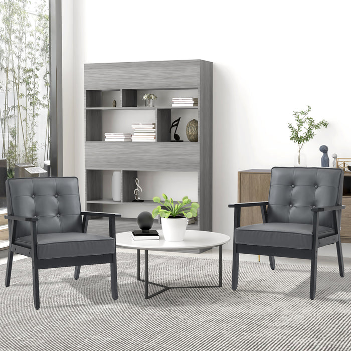 HOMCOM 2 Pieces Armchairs, PU Leather Accent Chairs, Occasional Chairs with Beech Wood Frame for Living Room, Reception, Bedroom, Balcony, Grey