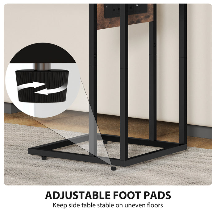 HOMCOM C Shaped Side Table with Charging Station and Foldable Top - Rustic Brown