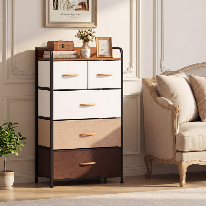 5-Drawer Tall Narrow Fabric Dresser with Removable Fabric Bins-