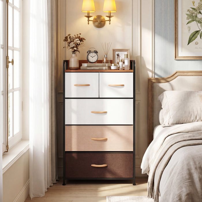 5-Drawer Tall Narrow Fabric Dresser with Removable Fabric Bins-