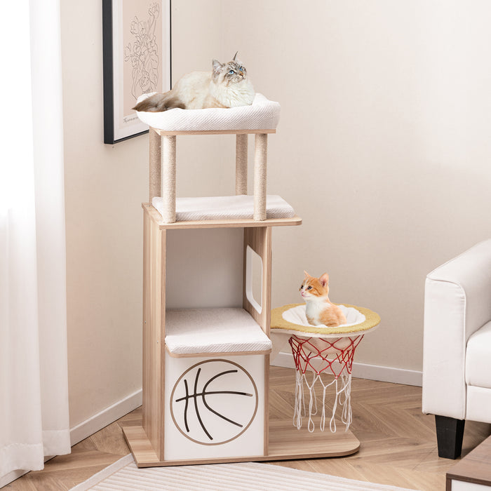 5-Layer Sports-Themed Cat Tower with 2 Cat Condos and Basketball Hoop Hammock-