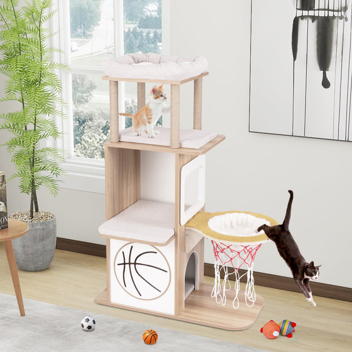 5-Layer Sports-Themed Cat Tower with 2 Cat Condos and Basketball Hoop Hammock-