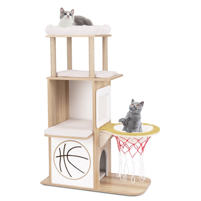 5-Layer Sports-Themed Cat Tower with 2 Cat Condos and Basketball Hoop Hammock-