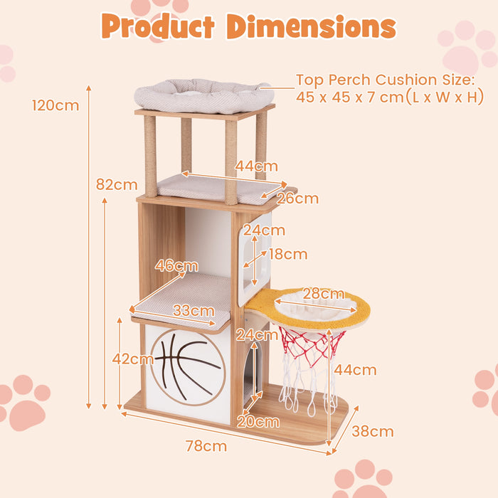 5-Layer Sports-Themed Cat Tower with 2 Cat Condos and Basketball Hoop Hammock-