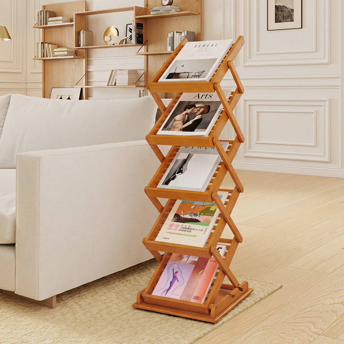 5-Pocket Foldable Bamboo Magazine Rack with 2 Adjustable Positions-