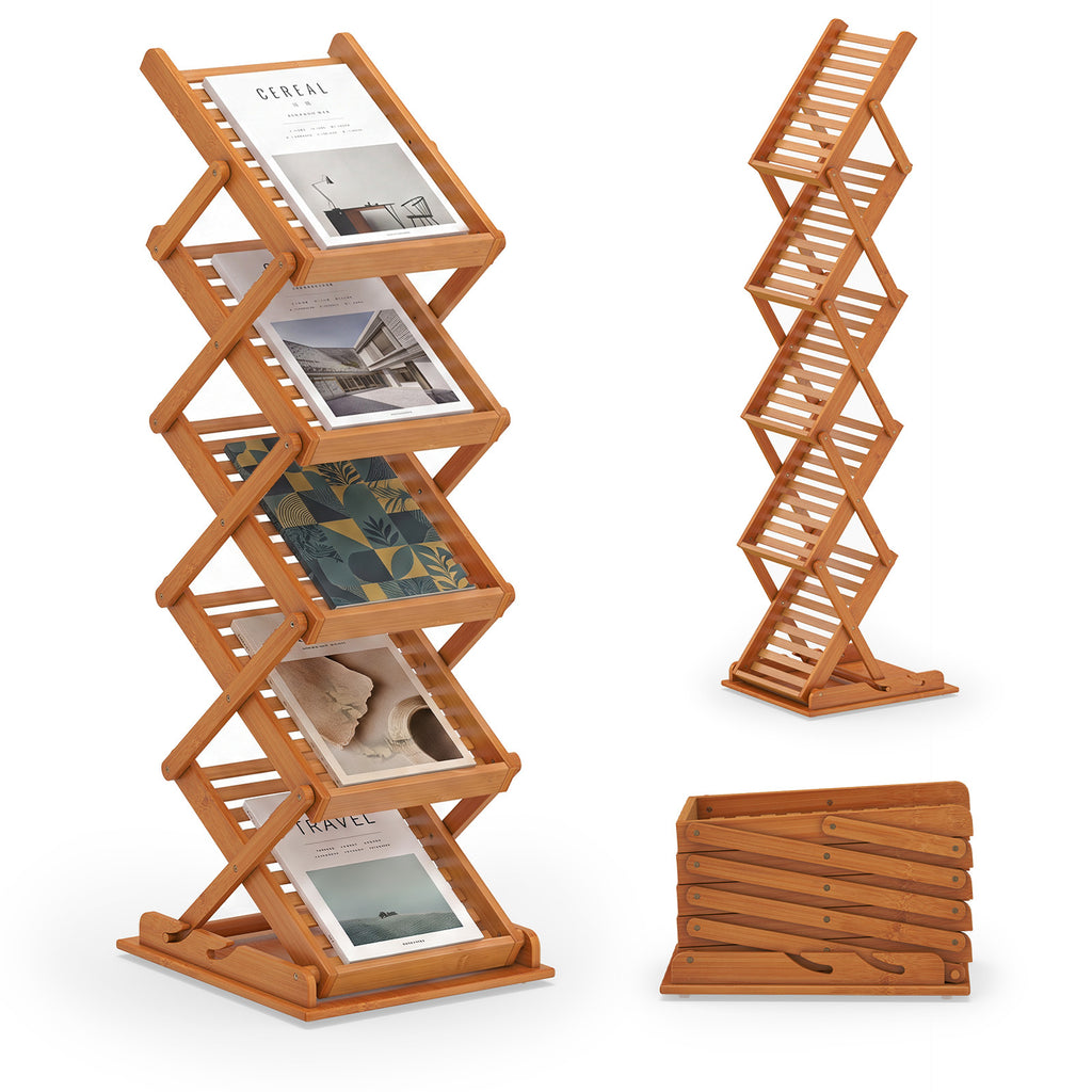 5-Pocket Foldable Bamboo Magazine Rack with 2 Adjustable Positions-