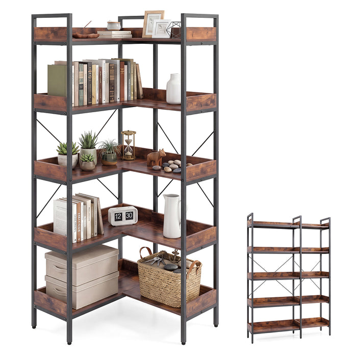 5-Tier Corner Bookshelf with Cross Braces and Anti-Tipping Kits for Home Office-Rustic Brown