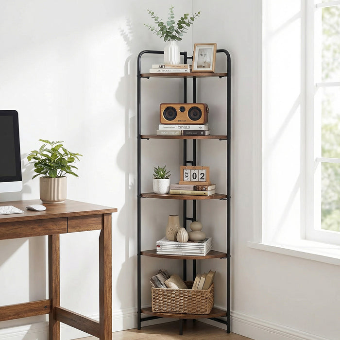 5-Tier Folding Corner Shelf Freestanding Open Display Rack with Heavy-duty Metal Frame-Rustic Brown