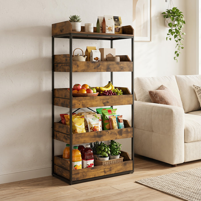 5-Tier Food Storage Rack Retail Snack Display Shelf with 4 Pull-out Drawers-Rustic Brown