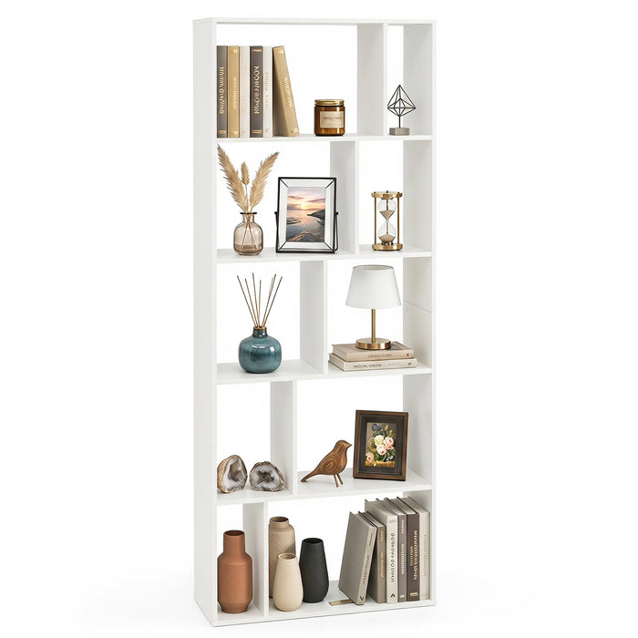 5-Tier Geometric Bookshelf with 10 Open Cubbies-White