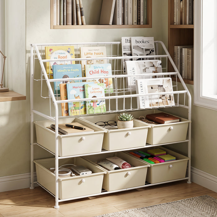 5-Tier Metal Rack Shelf with 6 Removable Drawers and 3 Baskets for Playroom-White