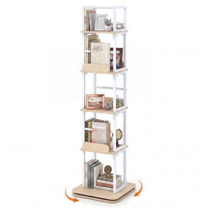 5-Tier Rotating Bookshelf Tower with 360° Spin & Side Rails for Small Spaces-Rustic Brown