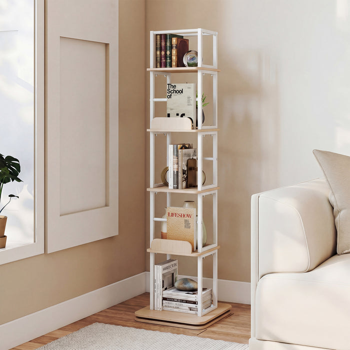 5-Tier Rotating Bookshelf Tower with 360° Spin & Side Rails for Small Spaces-Rustic Brown