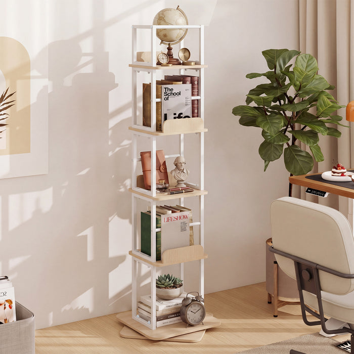 5-Tier Rotating Bookshelf Tower with 360° Spin & Side Rails for Small Spaces-Rustic Brown