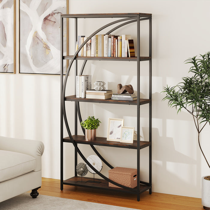 5-Tier Industrial Etagere Bookshelf with Open Storage Shelves and Arc-Shaped Design-Natural