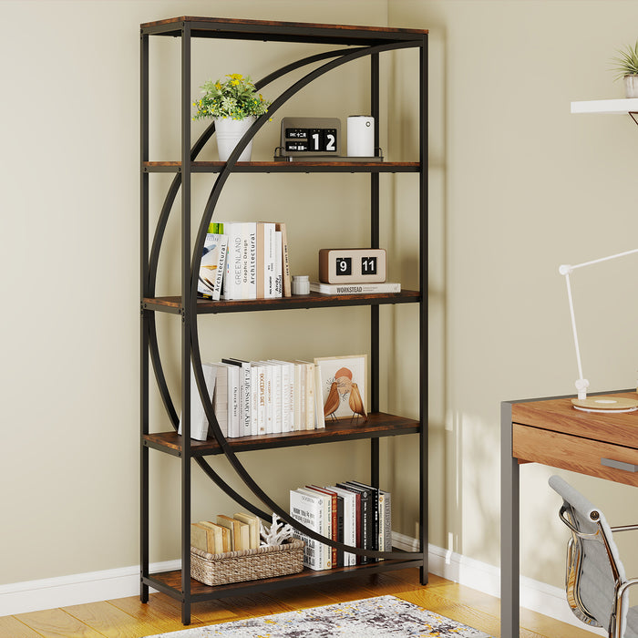 5-Tier Industrial Etagere Bookshelf with Open Storage Shelves and Arc-Shaped Design-Natural