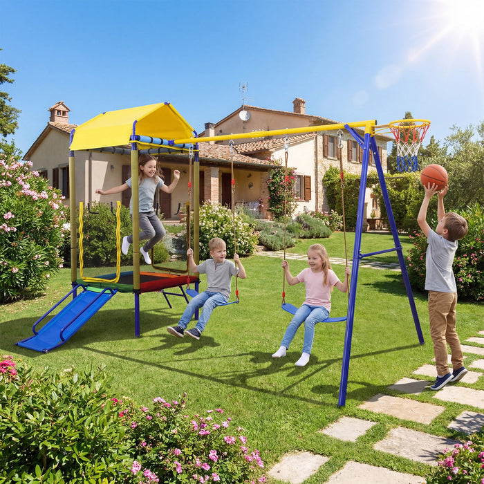 5-in-1 Kids Swing Set for Backyard Heavy-duty Metal Swing Stand with Trampoline-