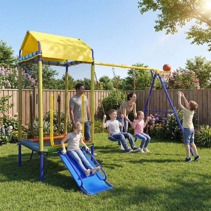 5-in-1 Kids Swing Set for Backyard Heavy-duty Metal Swing Stand with Trampoline-