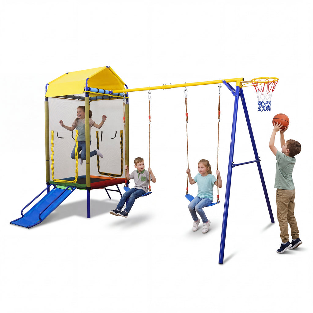 5-in-1 Kids Swing Set for Backyard Heavy-duty Metal Swing Stand with Trampoline-