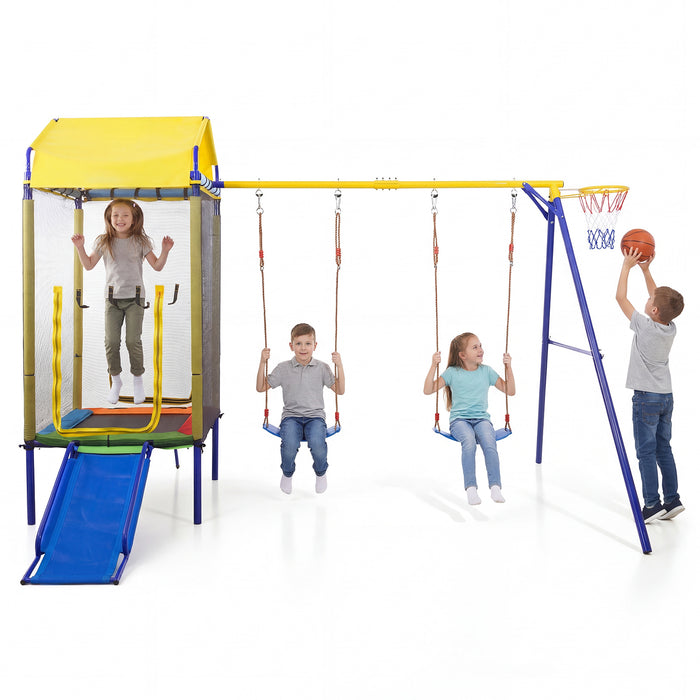 5-in-1 Kids Swing Set for Backyard Heavy-duty Metal Swing Stand with Trampoline-