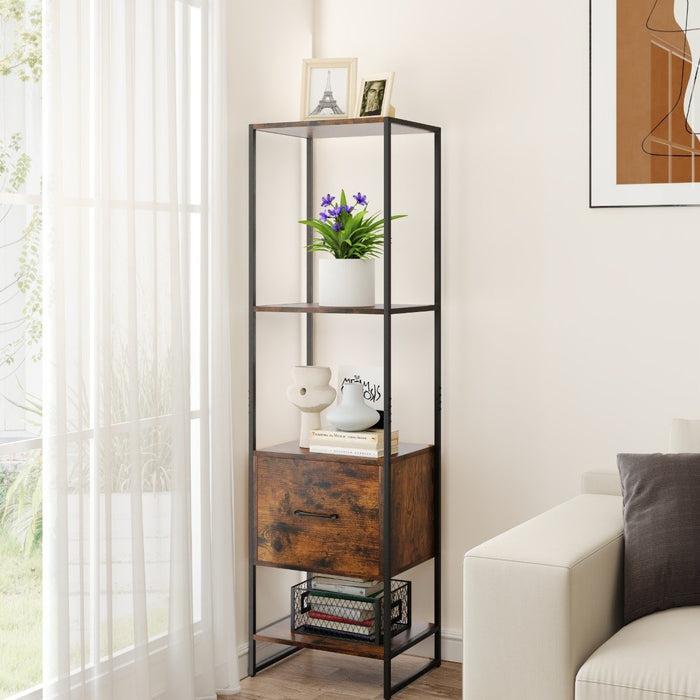 5-Tier Tall Narrow Bookcase Bookshelf with Drawer Shelves-White