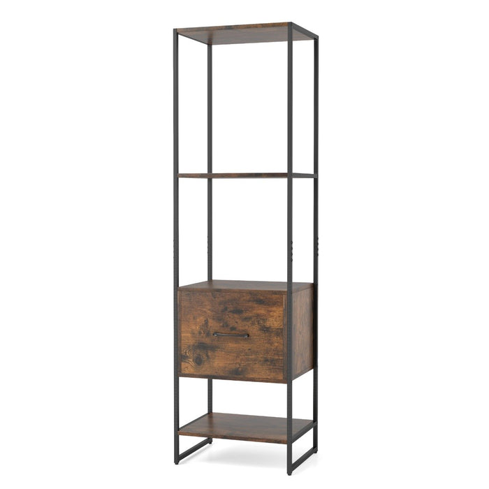 5-Tier Tall Narrow Bookcase Bookshelf with Drawer Shelves-White