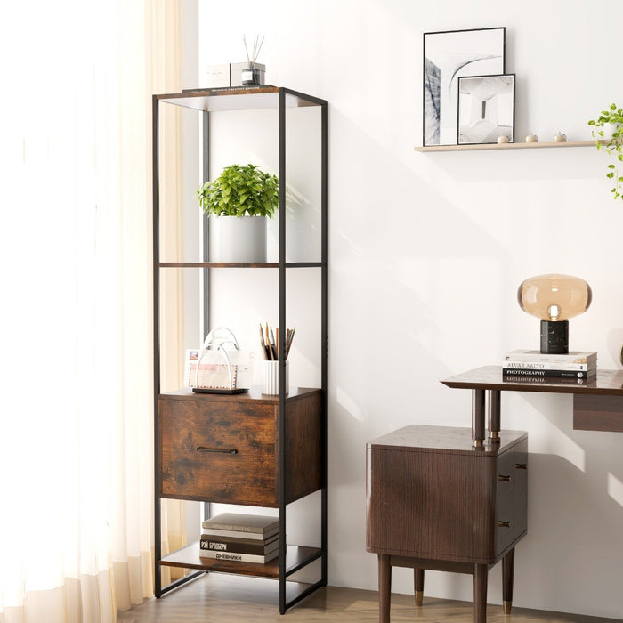 5-Tier Tall Narrow Bookcase Bookshelf with Drawer Shelves-White