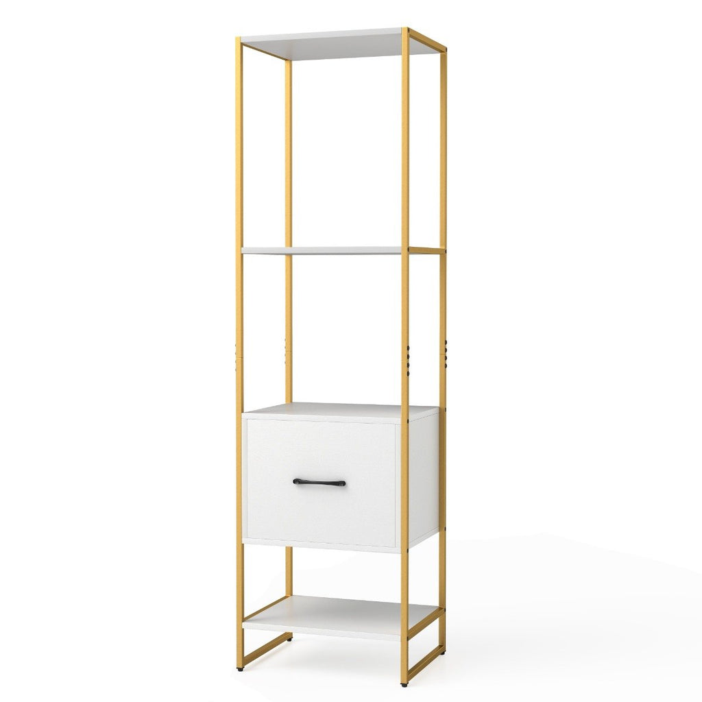 5-Tier Tall Narrow Bookcase Bookshelf with Drawer Shelves-White