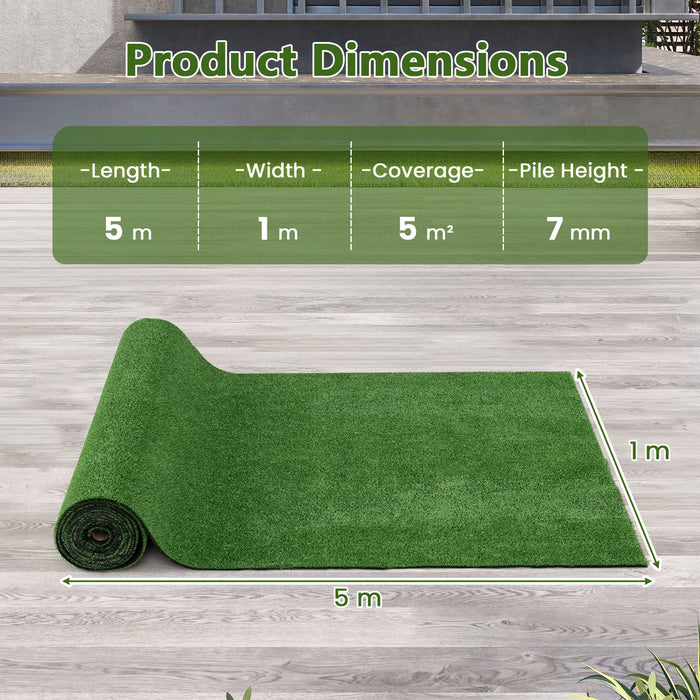 5 x 1 M Artificial Turf Rug with Low 7 mm Pile Height and Drainage Holes