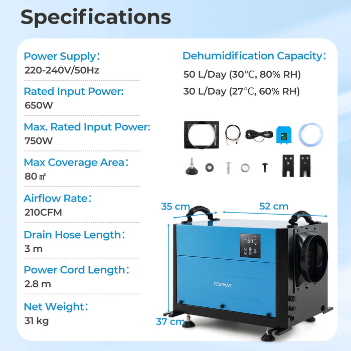 50/70L/Day Industrial Dehumidifier with Pump and Drain Hose-Blue-70L