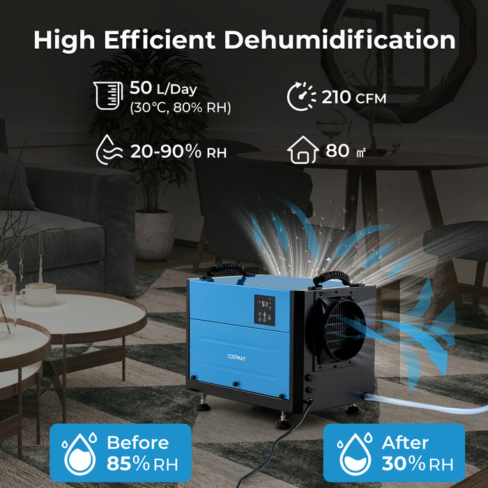50/70L/Day Industrial Dehumidifier with Pump and Drain Hose-Blue-70L