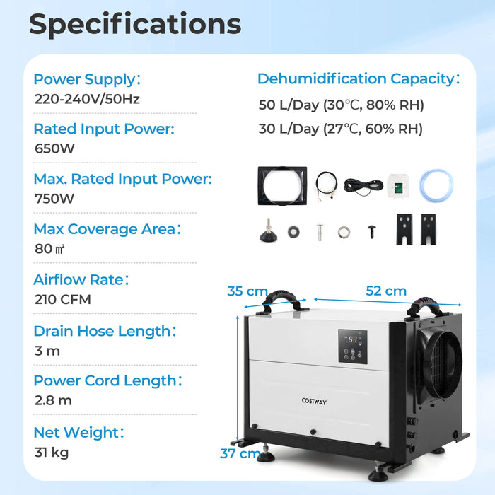 50/70L/Day Industrial Dehumidifier with Pump and Drain Hose-Blue-70L