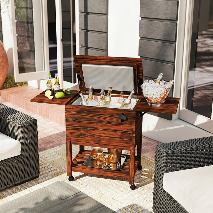 51L Rolling Wooden Patio Cooler Cart with 2 Drop Leaf Tables for Backyard BBQ-