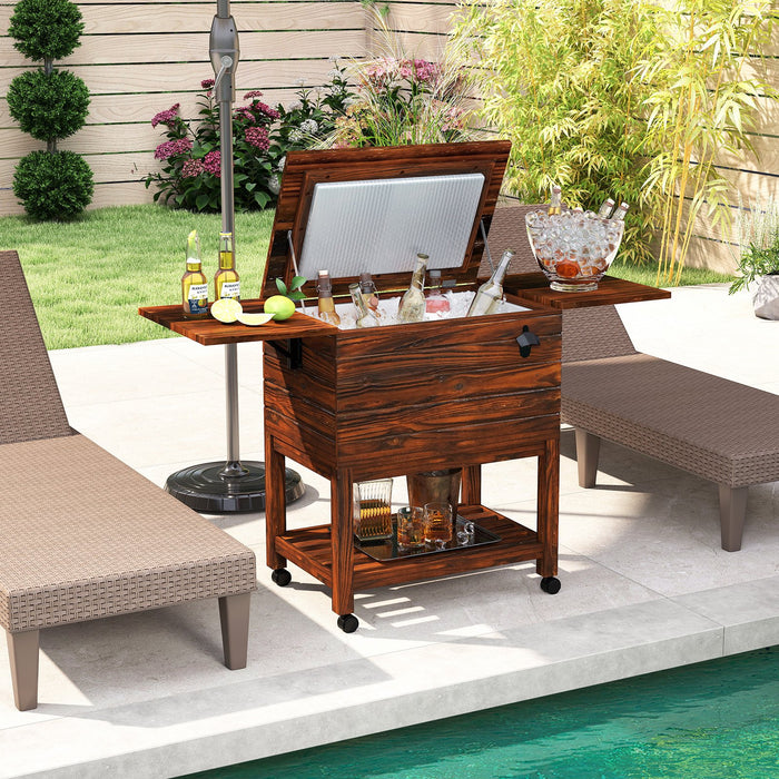 51L Rolling Wooden Patio Cooler Cart with 2 Drop Leaf Tables for Backyard BBQ-