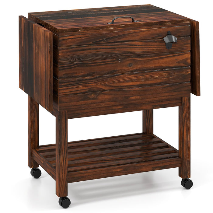 51L Rolling Wooden Patio Cooler Cart with 2 Drop Leaf Tables for Backyard BBQ-