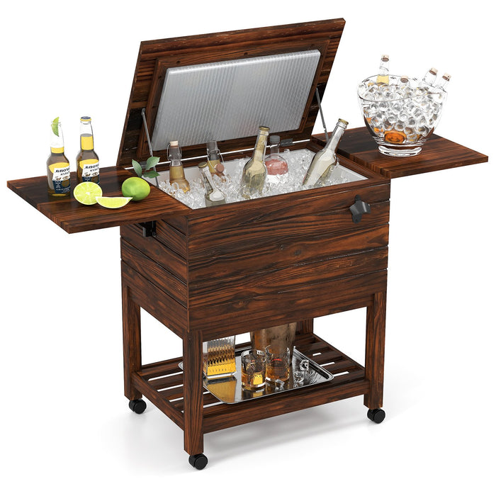 51L Rolling Wooden Patio Cooler Cart with 2 Drop Leaf Tables for Backyard BBQ-