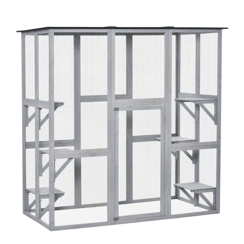 PawHut Wooden Catio Cat Outdoor Enclosure, Cat Cage with Waterproof Roof, Platforms, for Multiple Kittens, 180 x 98 x 180 cm