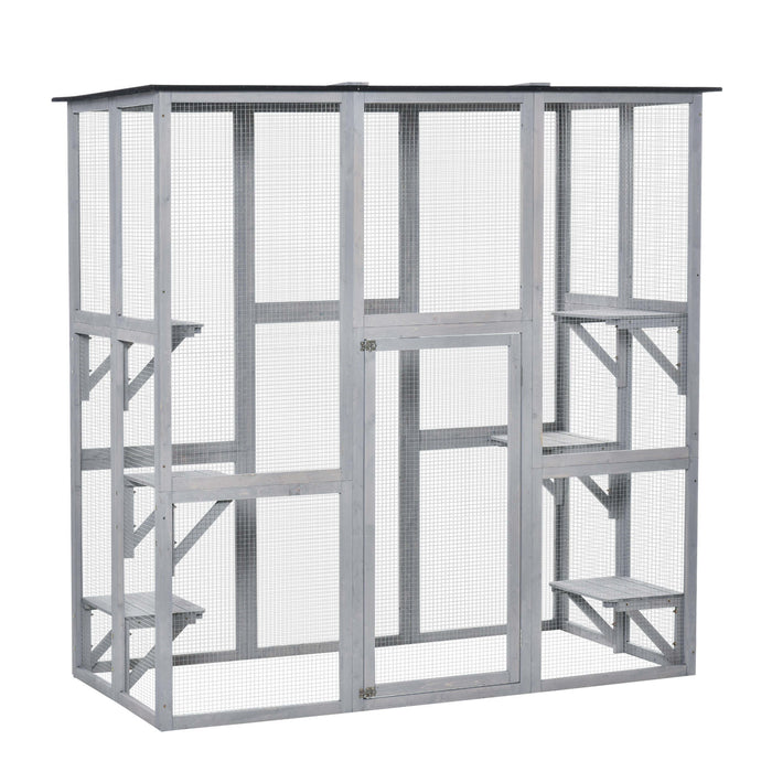 PawHut Wooden Catio Cat Outdoor Enclosure, Cat Cage with Waterproof Roof, Platforms, for Multiple Kittens, 180 x 98 x 180 cm