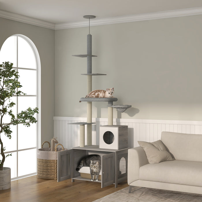 2 in 1 Cat Tree and Concealed Litter Box Furniture - Multi-Level Kitty Playhouse with Bed, Hammock, Scratch Posts & Platforms - Stylish Indoor Cat Tower for Play, Sleep & Privacy